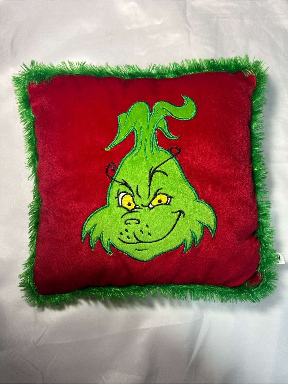Vintage 2000 Grinch Stole Christmas Toy Factory 10x10 Pillow Red Green Rare Fur